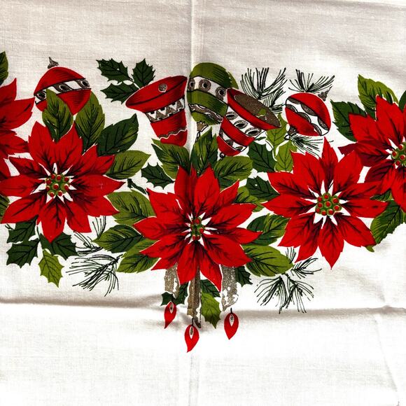 Vintage Christmas tablecloth cotton printed in festive red poinsettias border - Picture 5 of 10